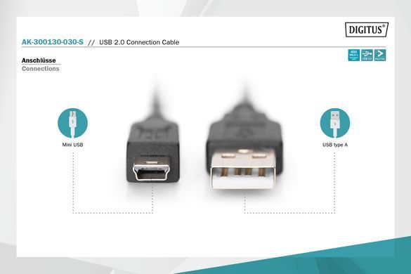 Digitus Кабель USB-A > USB-mini B синхронізації, 3.0 m, чорний AK-300130-030-S фото