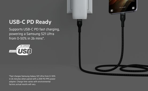 Belkin Кабель USB-С - USB-C витой, силиконовый, с ремешком на магните, 1м, черный CAB011BT1MBK фото