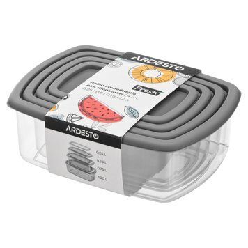 ARDESTO Набір контейнерів для зберігання харчових продуктів ARDESTO Fresh 0.25/0.5/0.75/1.2л, пластик, прямокутна, сірий AR1312R фото