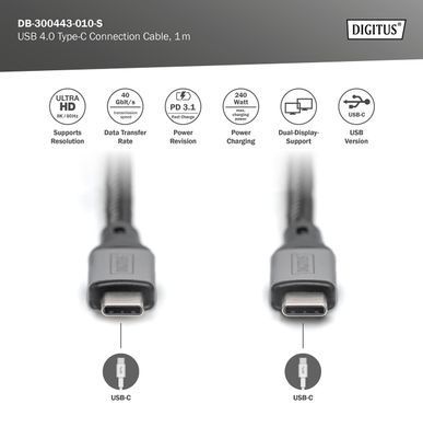 Digitus Кабель USB 4.0 (Type-C/Type-C) 1м, чорний DB-300443-010-S фото