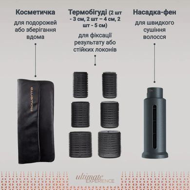 Rowenta Фен-щітка Rowenta Air Rotate, 1300Вт, 4 режими, іоніз-я, хол. обдув, функція фену, 3 насадки, кераміка, чорно-золотий UB9920E0 фото