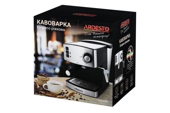 Кавоварка Ardesto ріжкова Steel Collection YCM-E1600, 1,6л, мелена, ручний капуч, сріблясто-чорний YCM-E1600 фото