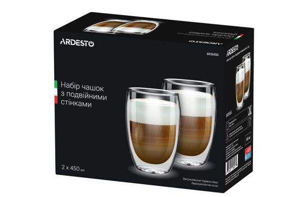 Набор чашек Ardesto с двойными стенками, 450 мл, H 14,5 см, 2 шт, боросиликатное стекло AR2645G фото