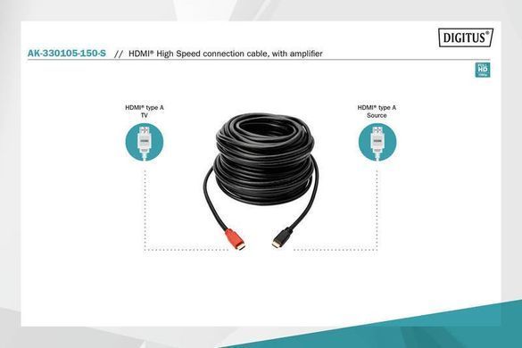 Digitus Кабель HDMI High speed с усилителем (AM/AM) 15m, black AK-330105-150-S фото