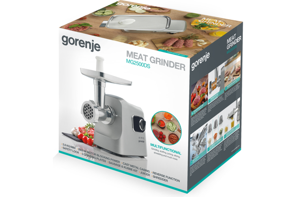 Gorenje М'ясорубка, 2500Вт, 2.8кг/хв, 3 решітки, насадка для ковбас, кеббе, шнековий соковидавлювач, 3 терки, пластик/метал, нерж MG2500DS фото